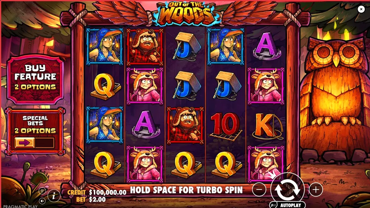 Tampilan visual slot Out of the Woods dengan elemen hutan dan karakter hewan