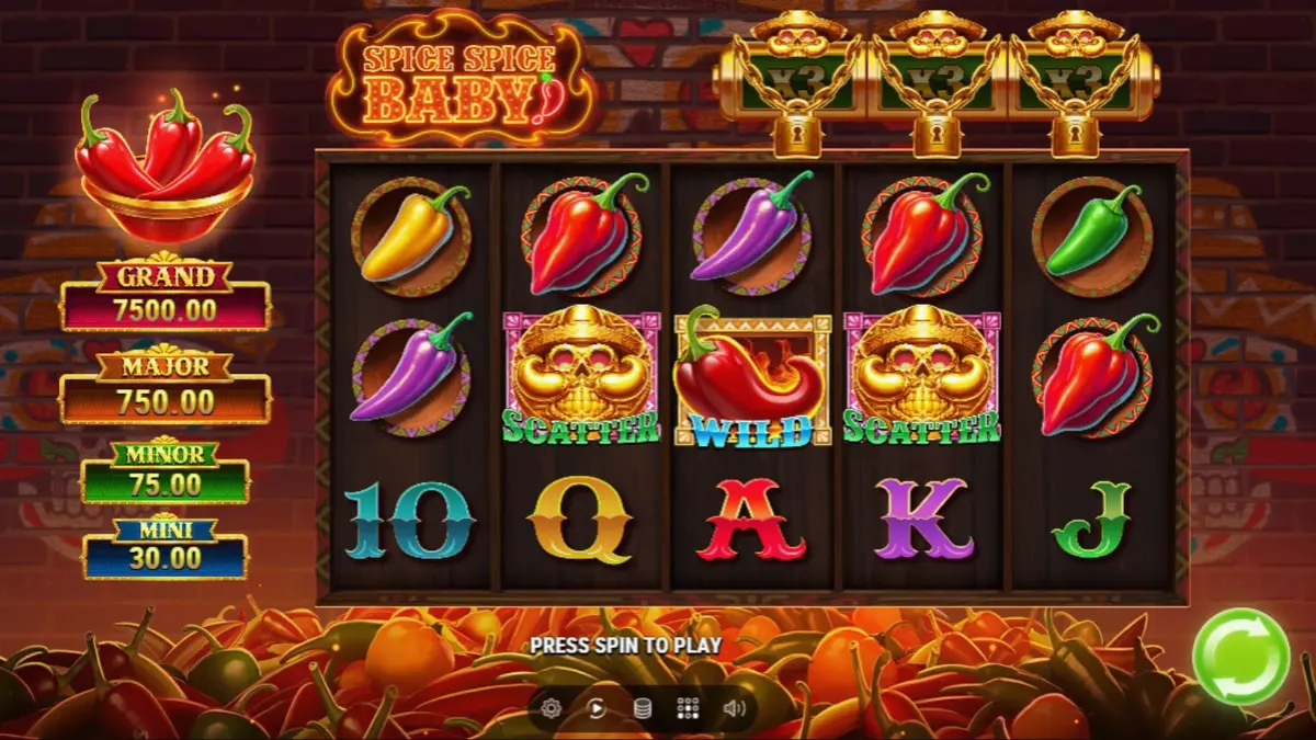 Tampilan visual slot Spice Spice Baby! dengan tema cabai Meksiko yang membara